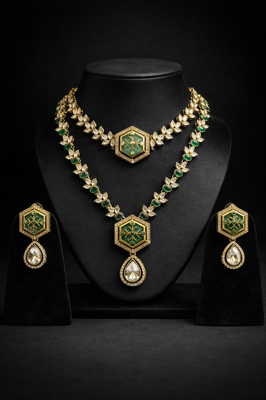 Dual Layer Green Moissanite Necklace Set