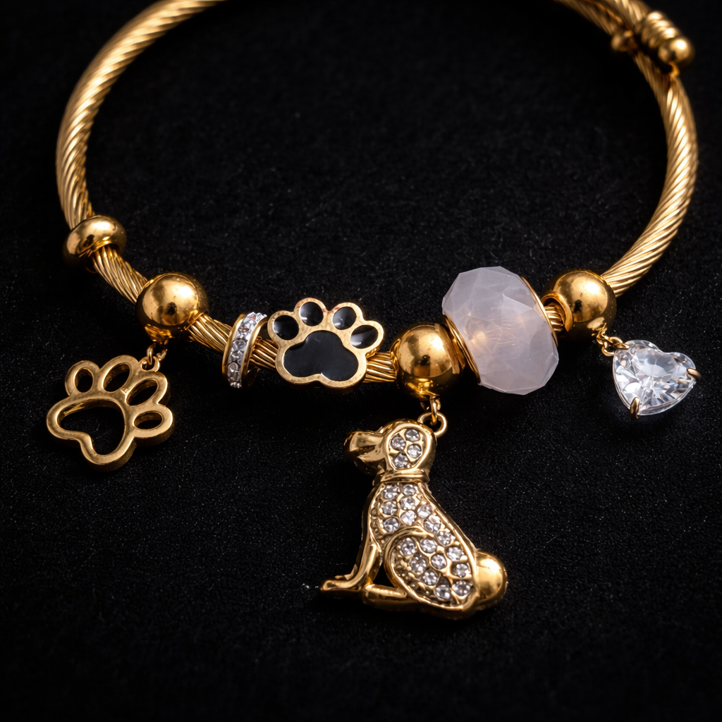 Anti-Tarnish Paw & Puppy Charm Gold Bracelet