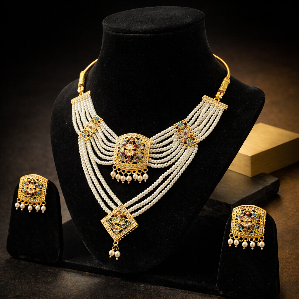 Royal Kundan Pearl Layered Necklace Set with Earrings