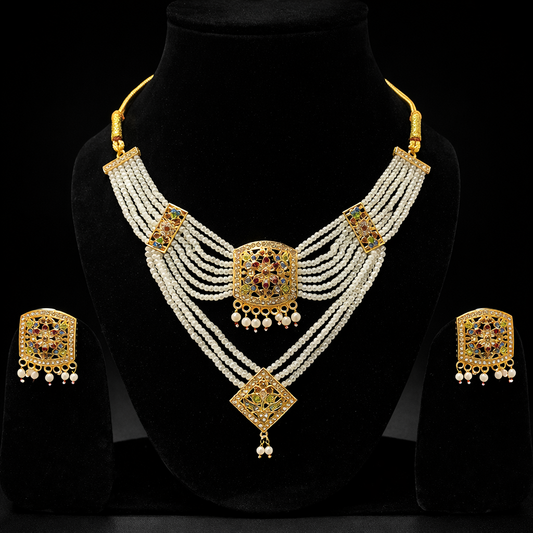 Royal Kundan Pearl Layered Necklace Set with Earrings