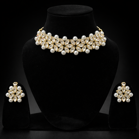 Elegant Floral Kundan Pearl Choker Necklace Set