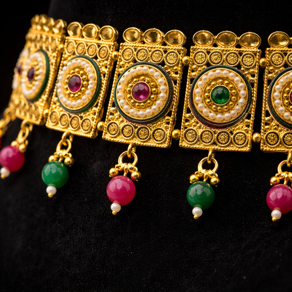 Royal Temple Style Antique Gold Choker Necklace Set with Jhumka Earrings