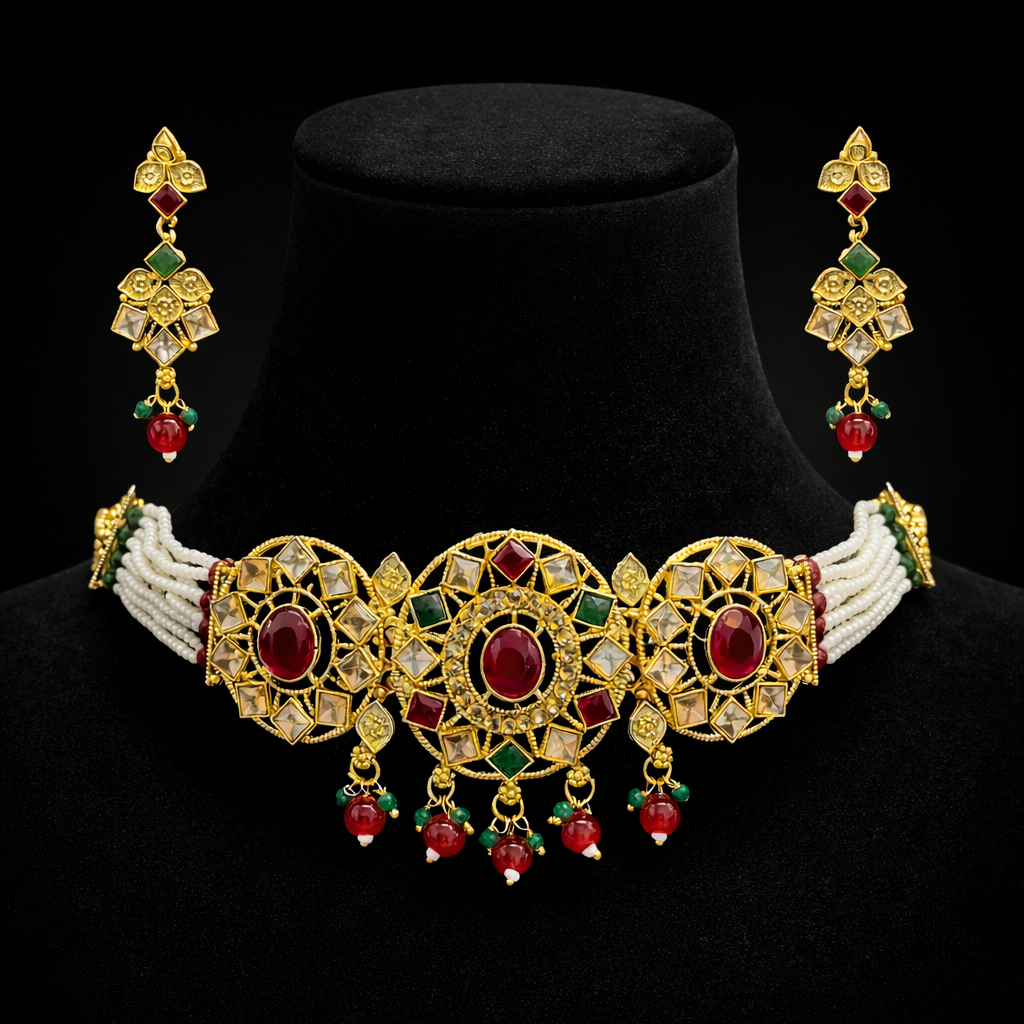 Royal Antique Stone Pearl Choker Necklace Set with Earrings