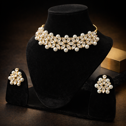 Elegant Floral Kundan Pearl Choker Necklace Set