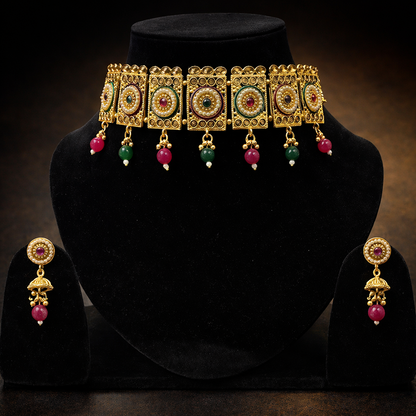 Royal Temple Style Antique Gold Choker Necklace Set with Jhumka Earrings